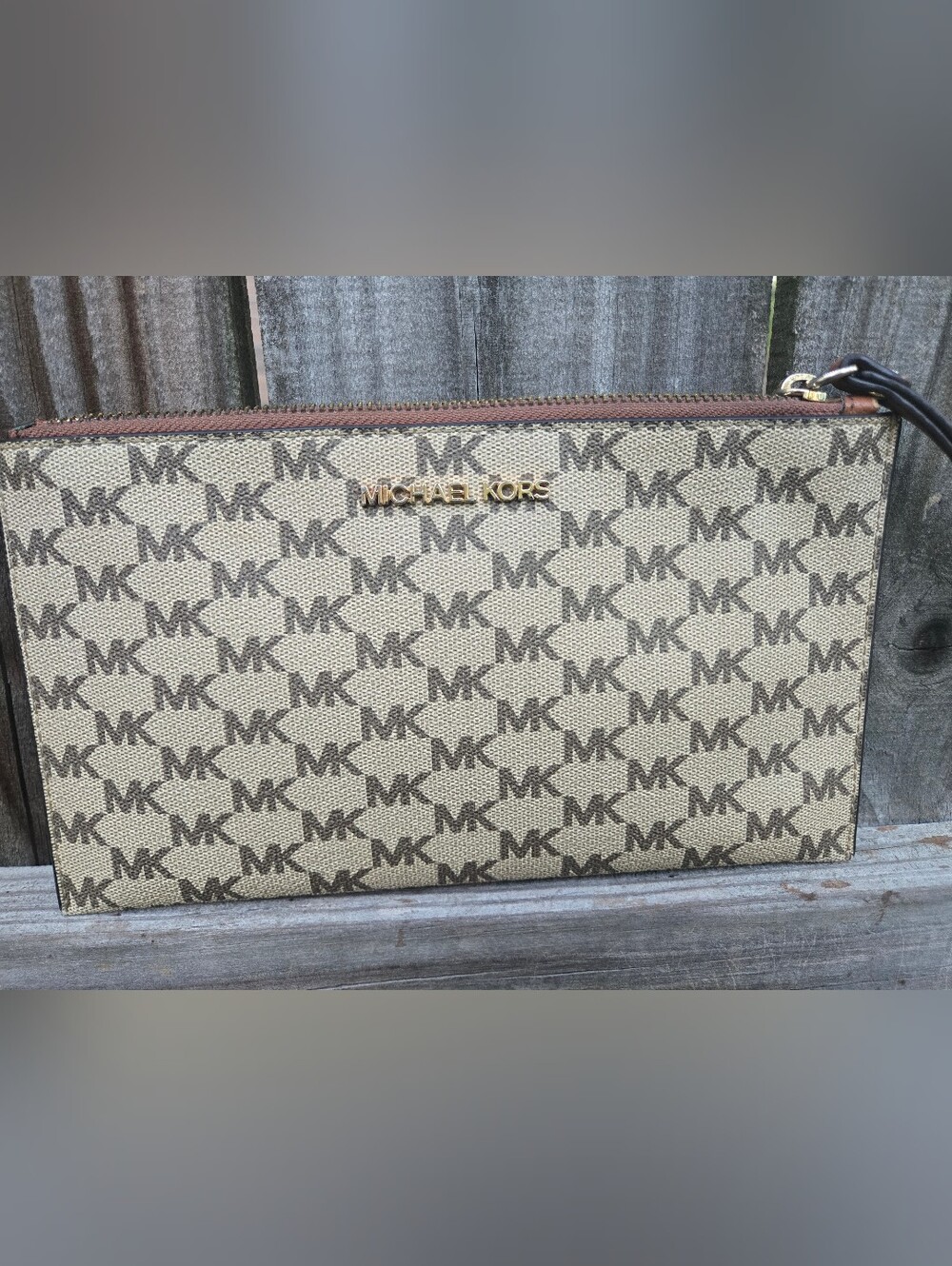 Michael Kors Beige Brown Logo Zip Pouch